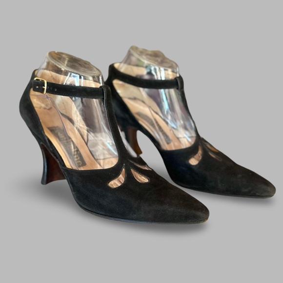 Vintage 90s in 40s style Ombeline Paris Black Suede T Strap Heels Flawed Sz 39 - Picture 1 of 6